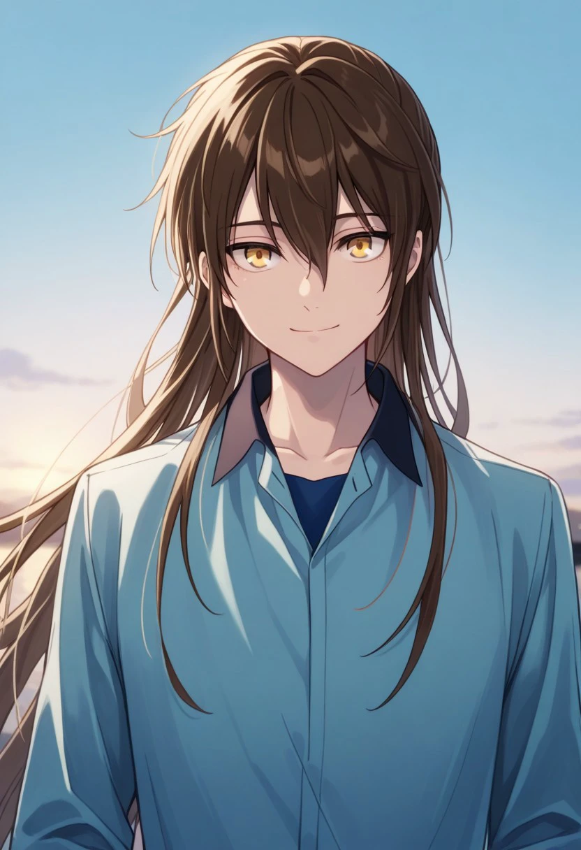 masterpiece, best quality, 
baamtg, 1boy, male focus, solo, yellow eyes, brown hair, very long hair, hair between eyes, shirt, collared shirt, blue shirt, long sleeves, upper body, smile
outdoor