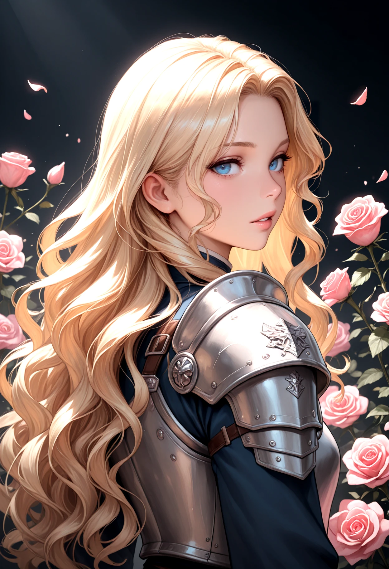 IllusP0s, 1girl, long hair, looking at viewer, blue eyes, blonde hair, long sleeves, upper body, flower, parted lips, looking back, from behind, armor, uniform, lips, petals, rose, wavy hair, shoulder armor, pink flower, pink rose
<lora:AnBanIllus_UnFlat:1.0>