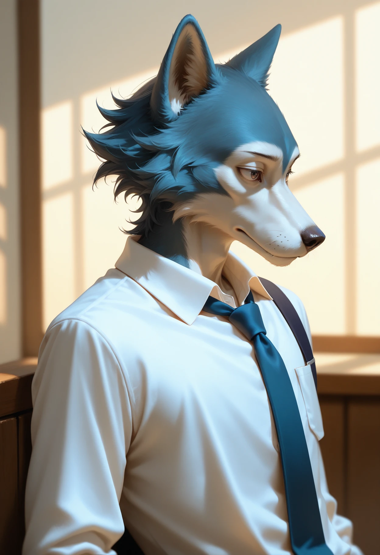 masterpiece, best quality, realistic
legoshi, beastars, 1boy, male focus, blue wolf, shoulder strap, shirt, tie,