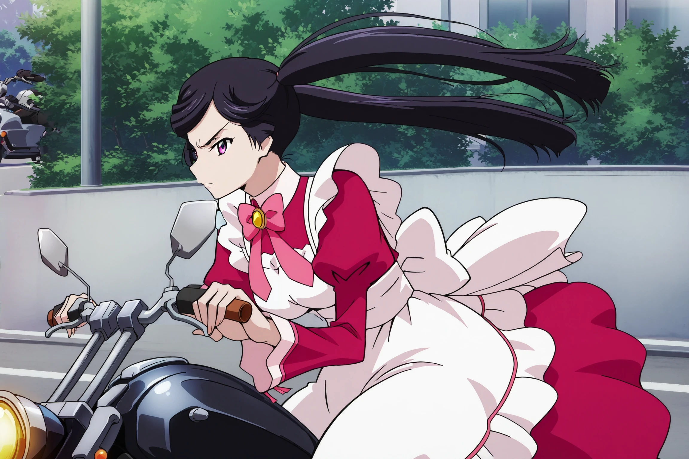 anime coloring, screencap, anime screencap, masterpiece, detailed face,
outside, on a road,
 <lora:Sakuya_Sumeragi_Code_Geass_Rozé_of_the_Recapture_-_Illustrious:1>Sakuya Raspberry cafe outfit, 1girl, solo, motor vehicle, motorcycle, black hair, long hair, twintails, apron, maid, ponytail, dress, purple eyes, girl looks serious, wind, twintails blow up by the wind, (motorcycle completely in the shot:1.3), view from the side, girl leaning forward