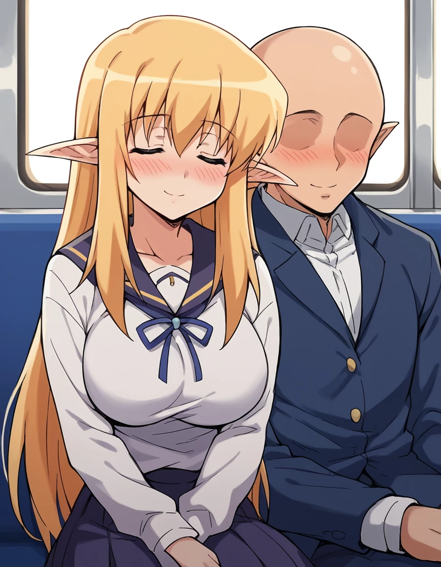 score_9, score_8_up, score_7_up, source_anime, <lora:tiffania-westwood-s3-ponyxl-lora-nochekaiser_r2:1>, tiffania westwood, blonde hair, elf, long hair, pointy ears, large breasts, <lora:leaning-on-person-side-by-side-ponyxl-lora-nochekaiser:1>, leaning on person side-by-side, sitting, hetero, sleeping, couple, train interior, leaning on person, school uniform, faceless male, bald, faceless, smile, blush, closed eyes,,