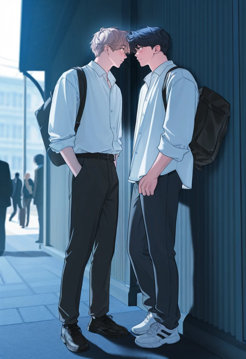 masterpiece,best quality,amazing quality,very aesthetic,absurdres,newest,masterwork,Semirealistic,realistic shadows,Volumetric Lighting,
2boys,multiple_boys,male focus,short hair,eye_contact,bag,shirt,white shirt,shoes,outdoors,<lora:handsome_guy_style:1>,