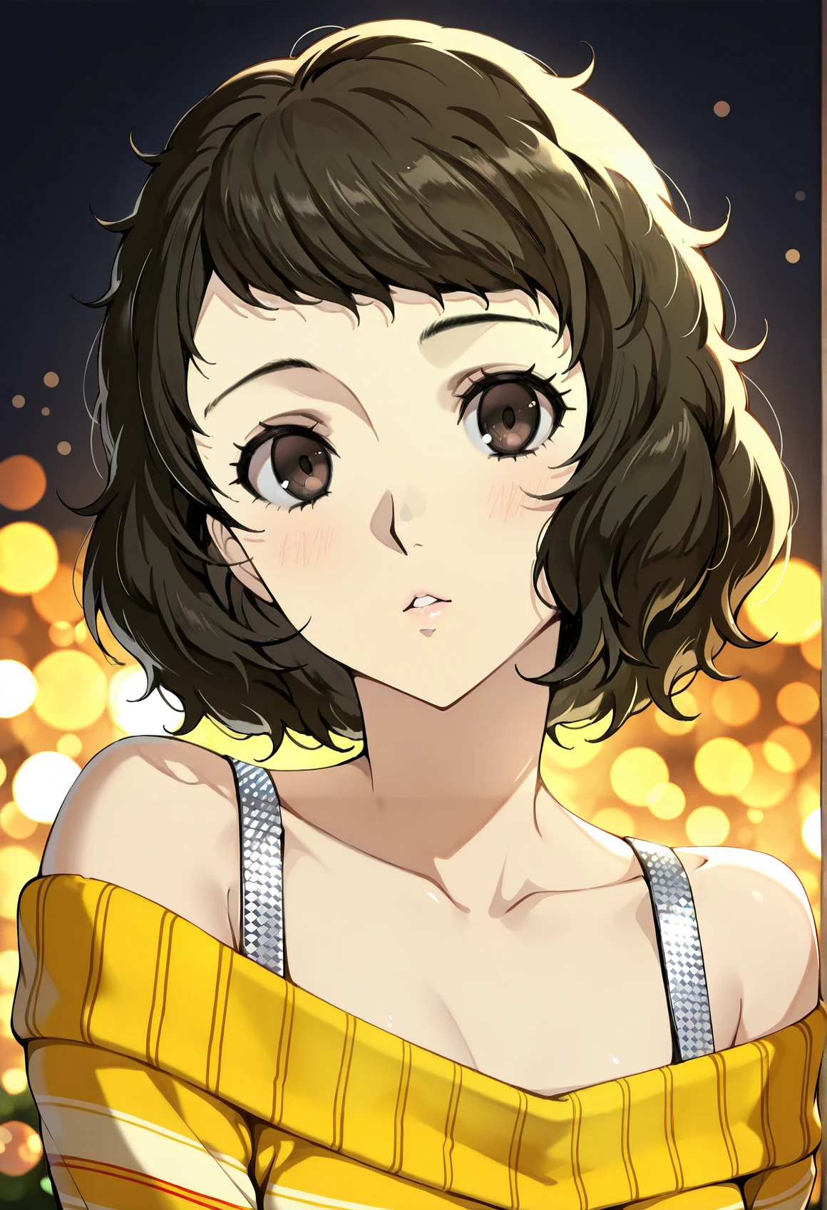 shinestrap, 1girl, solo, kawakami sadayo, brown eyes, persona 5, striped yellow sweater, off shoulder, bokeh, looking at viewer, parted lips, upper body, portrait
<lora:Shinestrap_IL:1>, masterpiece, best quality, newest, absurdres, highres