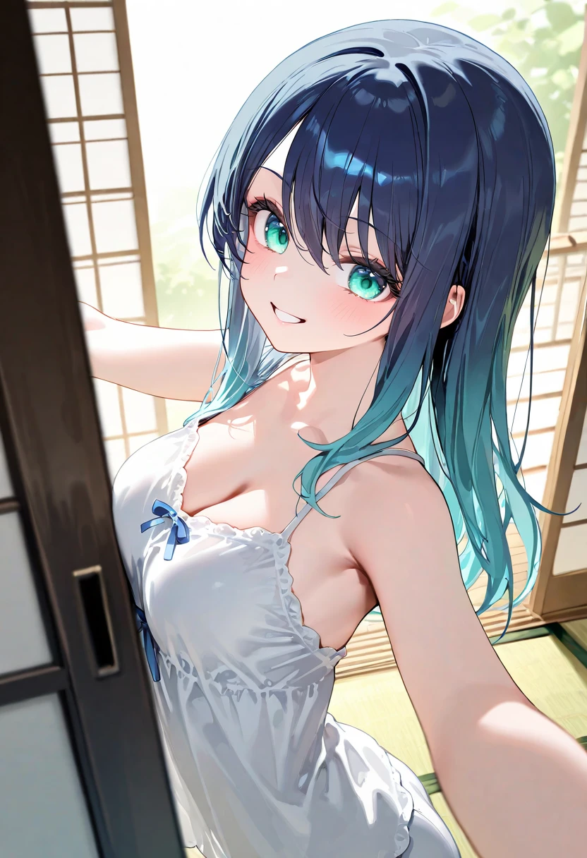 masterpiece, best quality, amazing quality, very aesthetic, newest, general, 
solo, kurokawa akane, oshi no ko, aqua eyes, hair between eyes, blue hair, long hair, gradient hair, swept bangs, medium breasts, smile, 
camisole, standing, outstretched arms, 
indoors, East asian architecture, Sliding doors, Tatami, 
(ningen mame:0.65), (ciloranko:0.7), (signalviolet:0.4), (ebifurya:0.55), (ke-ta:0.5), (toosaka asagi:0.6), (nishiya futoshi:0.3), (zen \(kamuro\):0.55), (ishikei:0.3), <lora:nyalia:0.15>, <lora:dj_sloppa_ill_v2:0.3>,