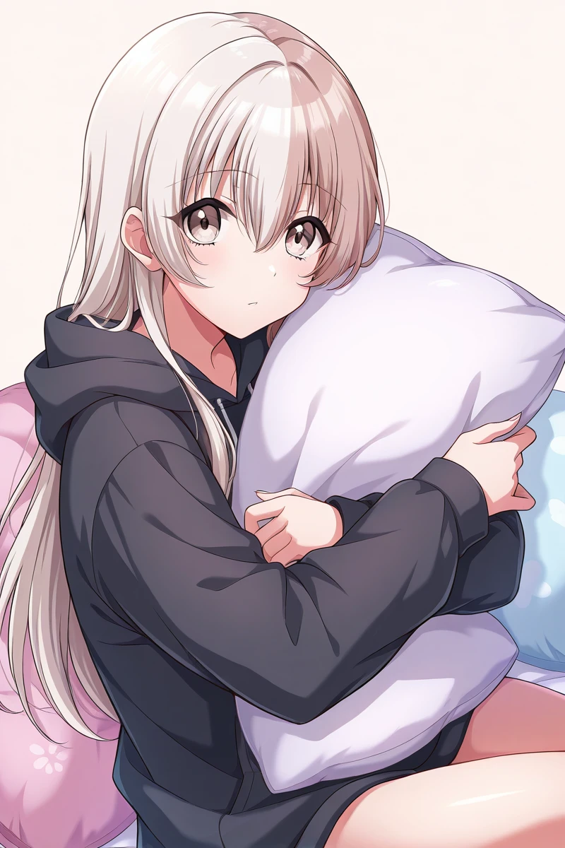 masterpiece, best quality,
 <lora:KokoaIL_r1:1> kokoa, 1girl, long hair, solo, hood, hoodie, pillow, looking at viewer, sitting, bangs, brown eyes, hood down, holding, hair between eyes, long sleeves, black hoodie