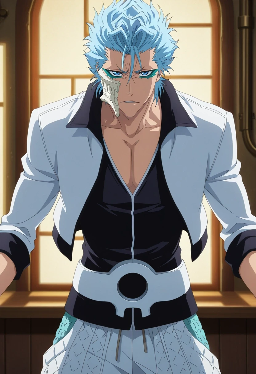 masterpiece, best quality, , anime screencap, anime coloring, official style, looking at viewer, , 1boy, solo, male focus, <lora:grimmjow_jaegerjaquez_ilxl:0.94>, grimmjow_jaegerjaquez, blue hair, blue eyes, facial mark, arrancar, mask, short hair, , Floral Quilted pants, Harrington jacket, , , Steampunk Goggles