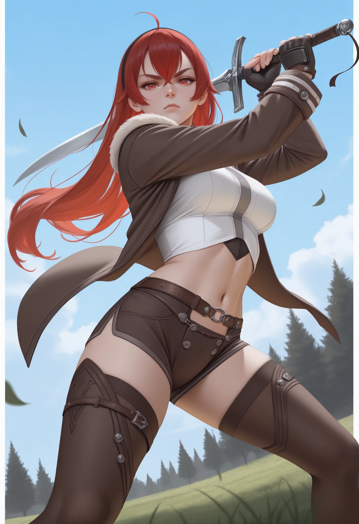 masterpiece, best quality, realistic, foreshortening, solo, 1girl, er1s, serious, looking at viewer, standing, holding sword, fighting stance, long hair, red hair, hair between eyes, ahoge, crossed bangs, sidelocks, black hairband, red eyes, thick eyebrows, fur trim, brown jacket, fur-trimmed jacket, open jacket, long sleeves, white shirt, brown collar, cropped shirt, black gloves, fingerless gloves, brown shorts, short shorts, brown belt, brown thighhighs, midriff, navel, outdoors, blue sky, cloud, grass, falling leaves, tree, wind lift
<segment:yolo-face_yolov8m.pt,0.4,0.5//cid=1>