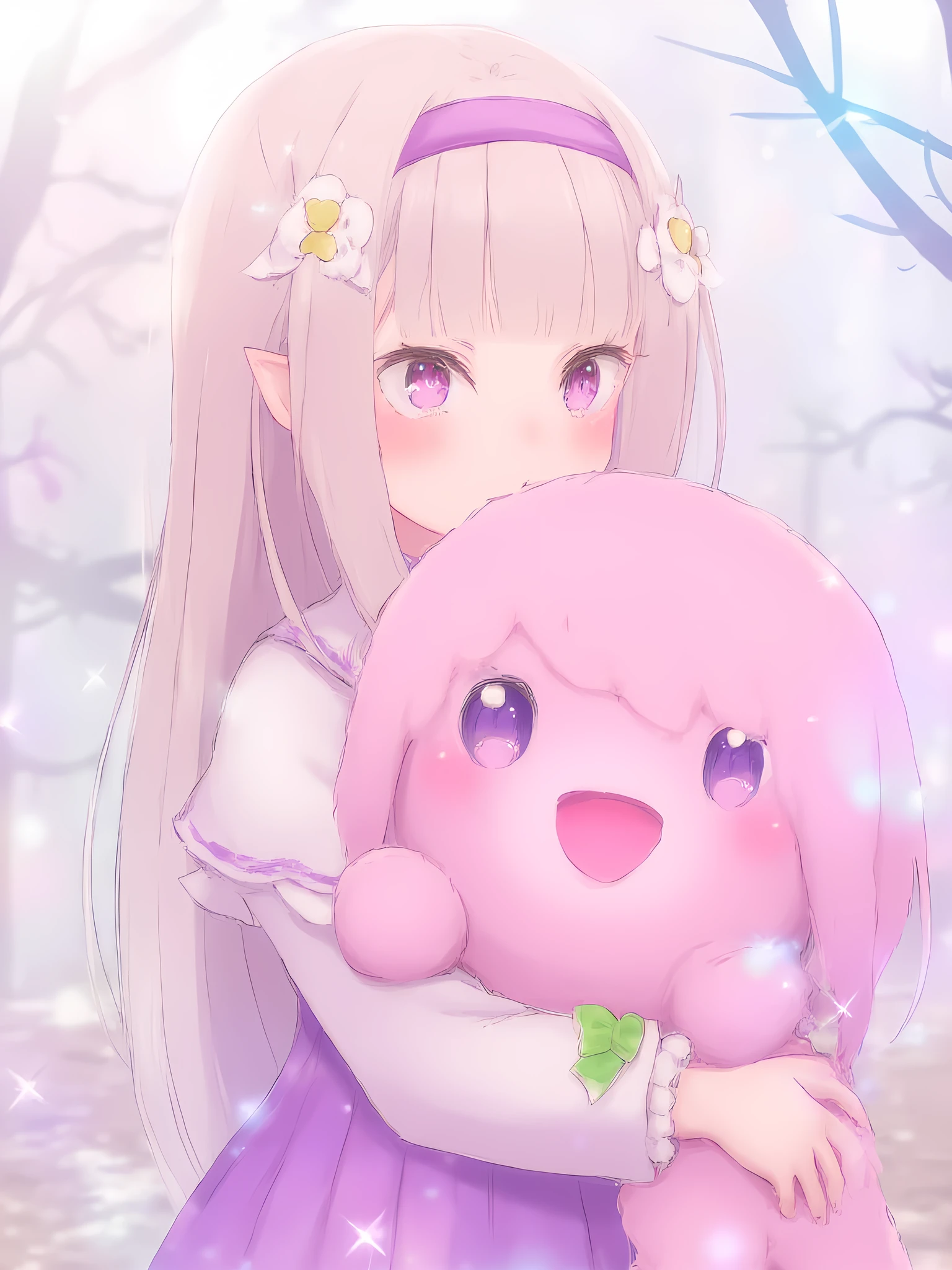 kodomoEmiliaFlux, <lora:kodomoEmiliaFlux:1>, child Emilia holding a large stuffed animal, drawn in vibrant shoujo anime style, sparkles and soft pastel hues.