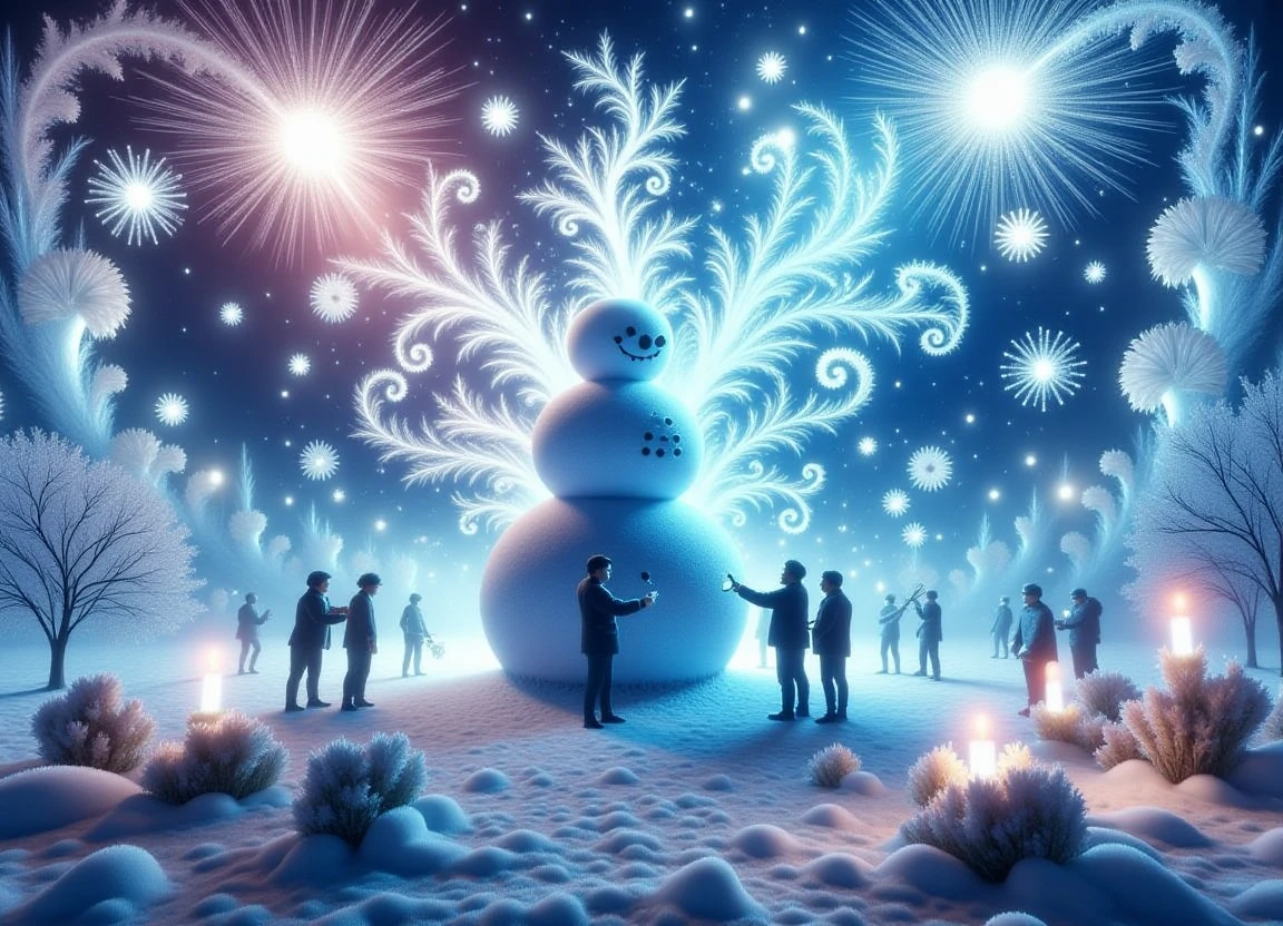 A whimsical winter wonderland scene with a giant donm sn0wmaN in the center, surrounded by festive holiday decorations like mistletoe and christmas cooKies with candles, amidst a backdrop of vibrant fireworks displays that create a kaleidoscope of colors. The atmosphere is filled with an uplifting and spirited energy, evoking heartfelt and sentimental feelings, as if everyone present is harmoniously unified in celebration, while in the foreground, people are joyfully building a sn0wman together