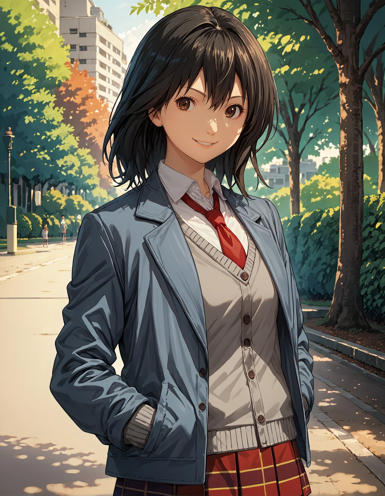 score_9, score_8_up, source_anime, 1girl, upper body, medium shot, detailed, misakiyamamoto, brown eyes, black hair, white shirt, red tie, grey sweater, blue jacket, red striped skirt, hands in pockets, light smile, outdoors, park, (side view:0.7), <lora:misakiyamamoto_XL:0.8>