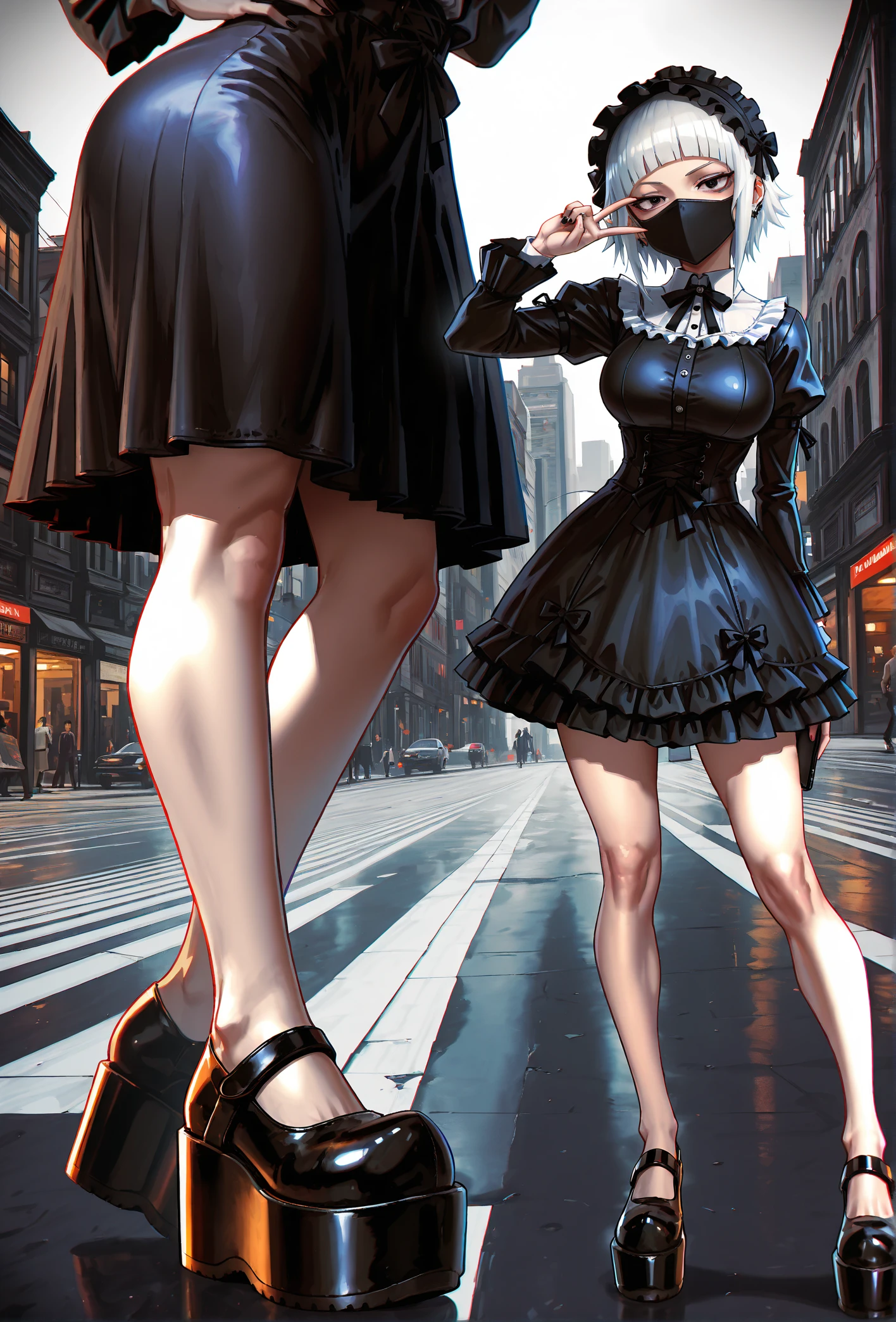 masterpiece, best quality, 
k-suwabe, andava, 
multiple views,
close-up of feet,
1girl, idol, goth,
(d0lly shoes), (platform footwear:1.1),
black dress,
large breasts, petite, 
black and white hair,
city street, 
pose, posing, contrapposto, v, holding phone, face mask, black eyes,