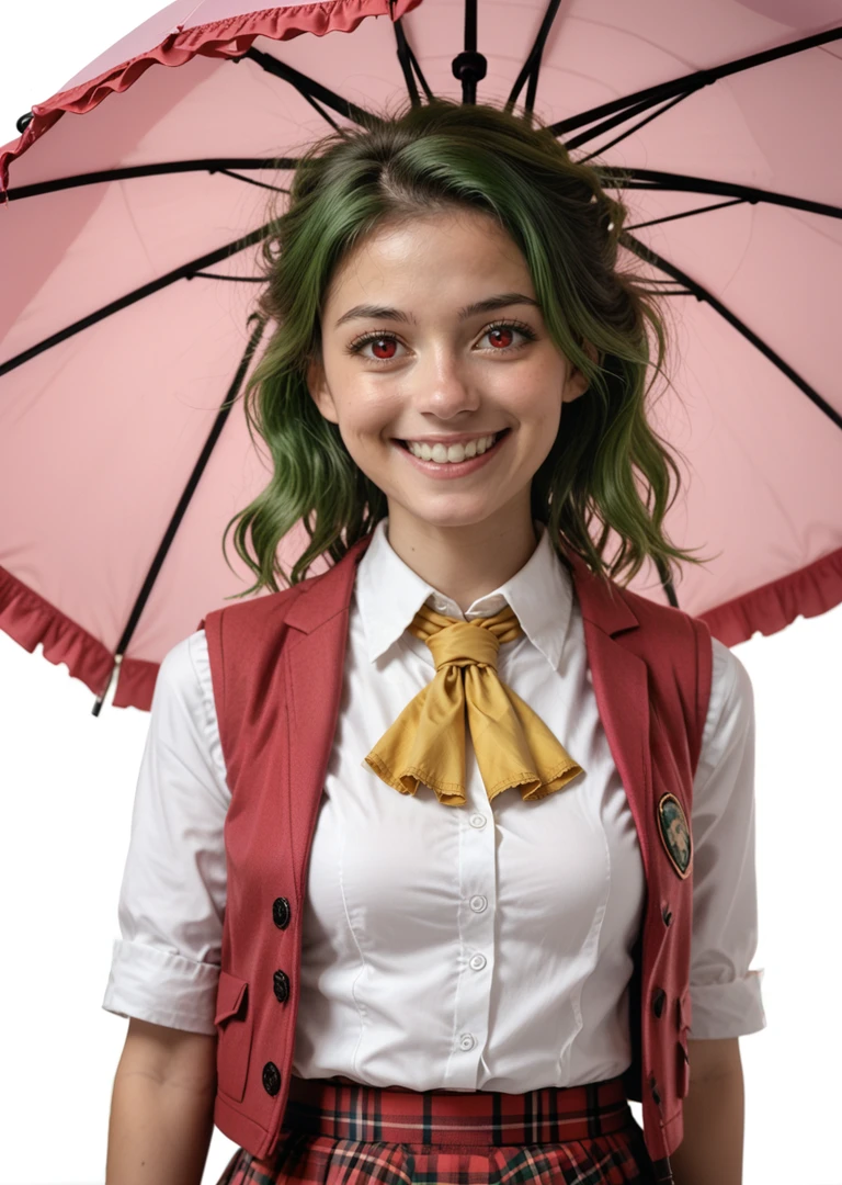 1girl,ascot,breasts,closed mouth,collared shirt,frilled ascot,frills,green hair,happy,medium breasts,open clothes,open vest,parasol,pink umbrella,plaid,plaid skirt,plaid vest,red eyes,red skirt,red vest,shirt,simple background,skirt,smile,solo,umbrella,upper body,vest,white background,white shirt,yellow ascot
BREAK source_photo, source_realistic, content_real, rating_explicit