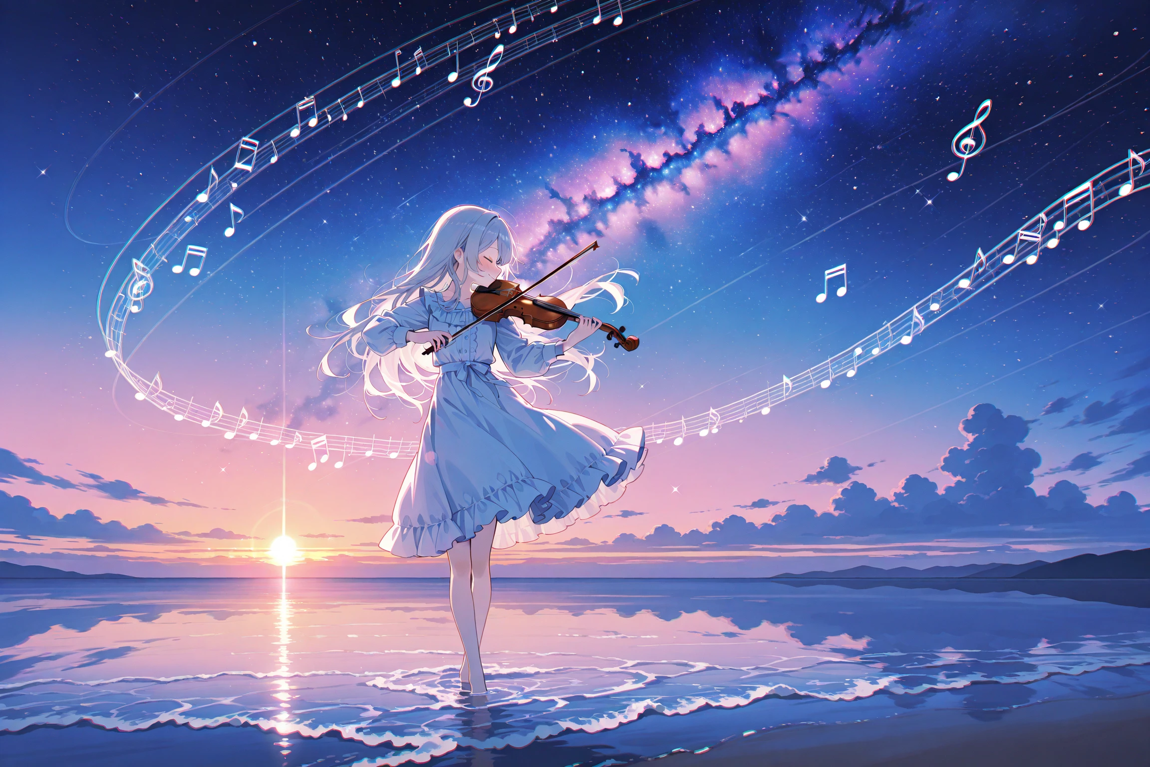 cute girl standing on a water surface that is emitting a beautiful,(playing the violin:1.2),silver long hair,closed eyes,frilled dress,blush,smile,(profile:1.3),sunset,Horizon, lens flare,magnificent view,(chromatic aberration:1.2),wide shot,(starry sky and nebula),(vibrant colors of orange, pink, and purple spreading out across the horizon),melody effect,musical note,(music) score