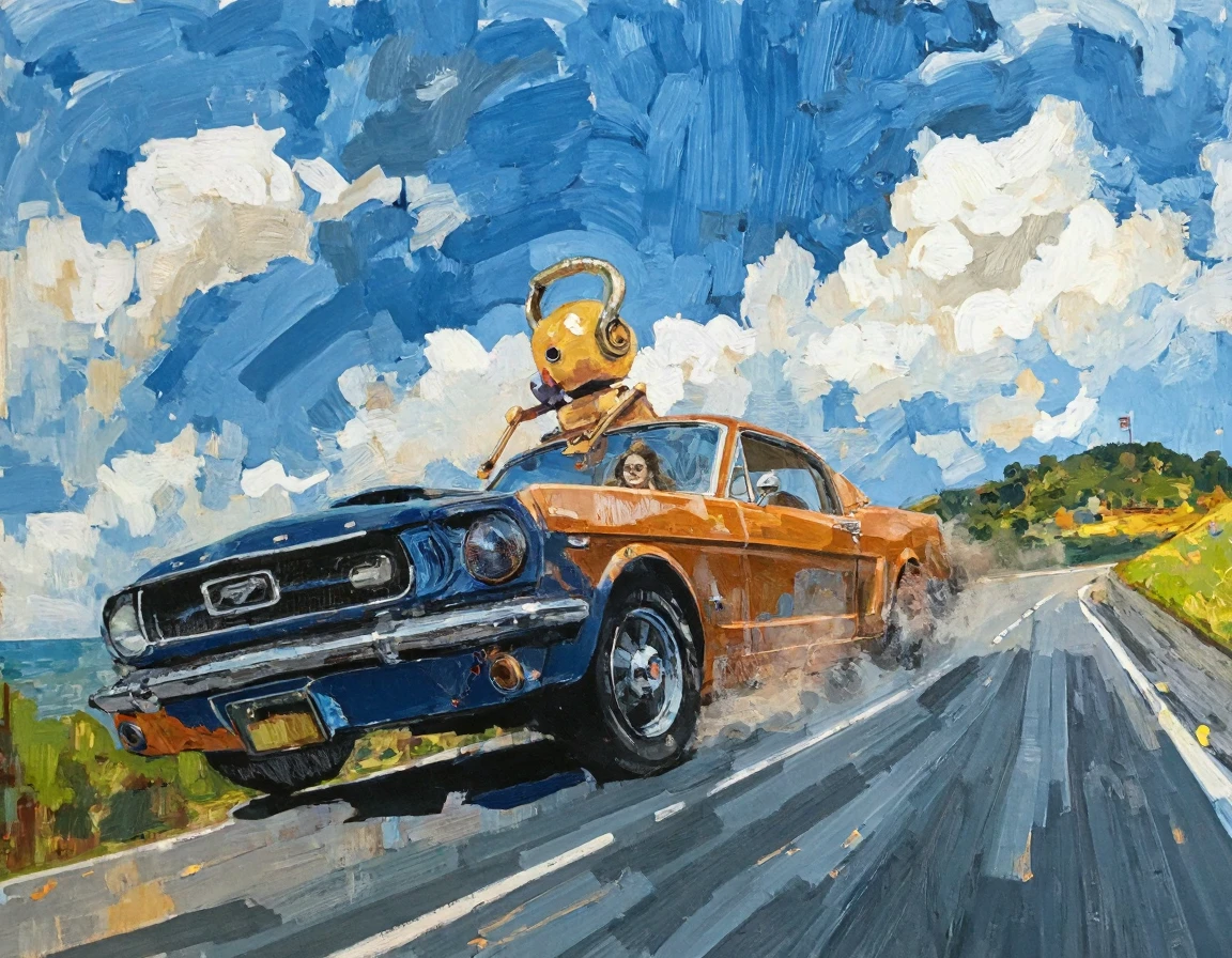 (ashleywood style painting) robot driving Ford mustang driving fast on a windy highway, with 1girl as passenger, blue sky with clouds, green grass hills, ocean view in background, motion blur, speed painting, traditional media, brushstrokes, concept art, lineart