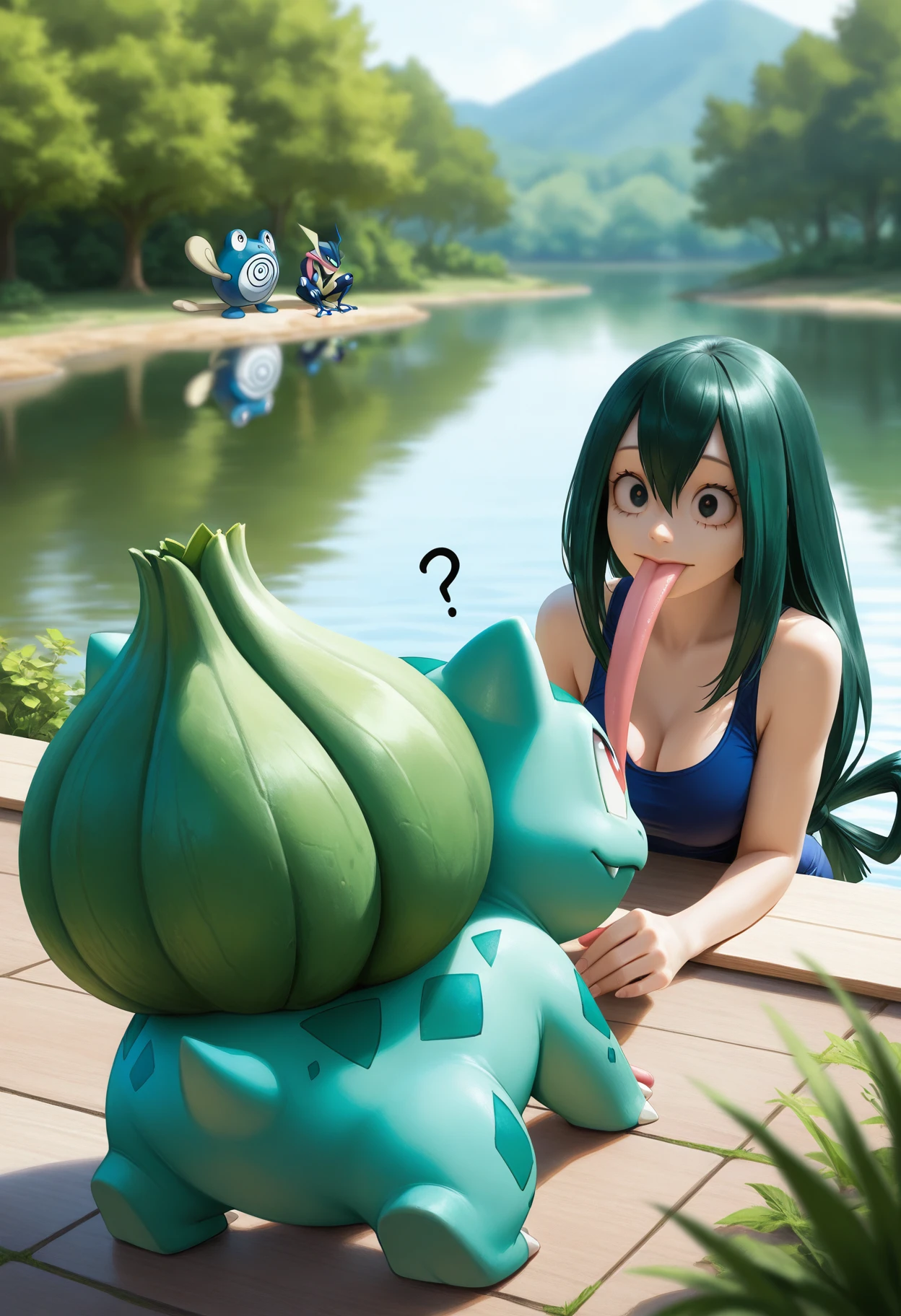 masterpiece, best quality, realistic
asui_tsuyu, boku_no_hero_academia, 1girl, green_hair, black_eyes, confused, lake, bulbasaur, pokemon, pokemon_(creature), long tongue , Greninja, Poliwhirl