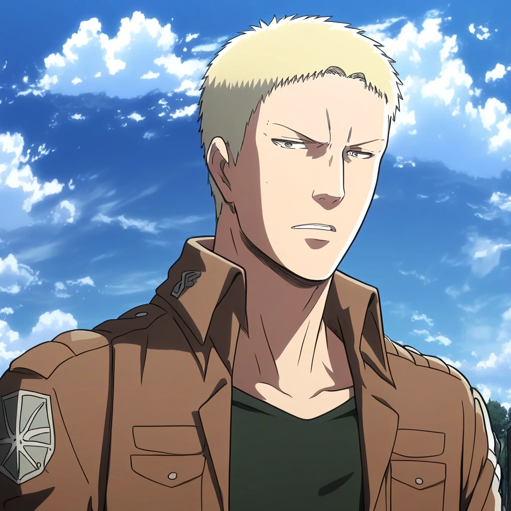 multiple boys, frown, short hair, light brown eyes, shirt, cloud, 1boy, lying, jacket, Reiner Braun, from side, sky, leather jacket