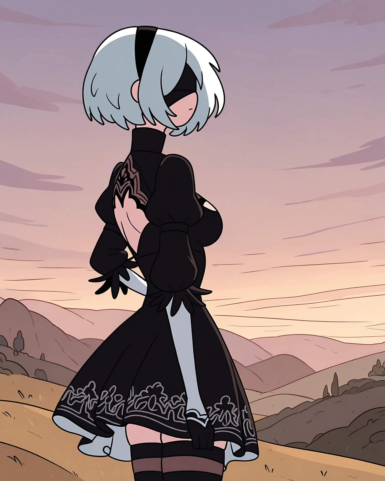 masterpiece, best quality, newest, absurdres, highres, outdoors, flat colours
1girl, solo, 2b \(nier:automata\), adventure time, <lora:AdventureTime_ILL:1>