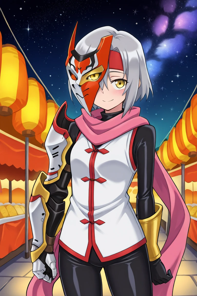 <lora:ZilvaIL:0.85> , zildef, 1girl, short hair, grey hair, yellow eyes, red headband, scarf, pink scarf, white sweater vest, white shirt, bodysuit, black bodysuit, bodysuit under clothes, single gauntlet, black gloves, sheathed, mask over one eye, armored gauntlet, cowboy shot, looking at viewer, smile, shy, closed mouth, night, stars, detailed background, cosmos, galaxy, festival, solo, masterpiece, best quality, amazing quality, very aesthetic, high resolution,