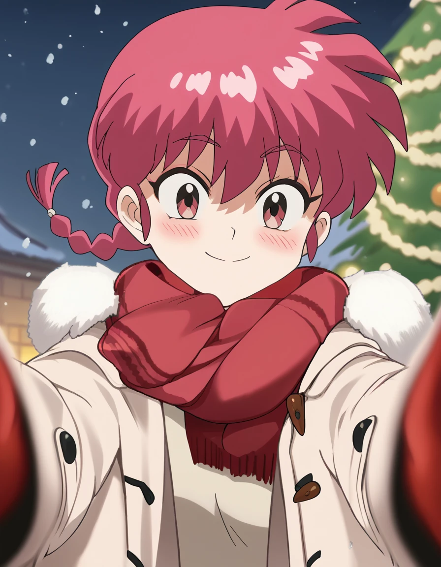 score_9, score_8_up, score_7_up, source_anime, <lora:ranma-saotome-s1-ponyxl-lora-nochekaiser:1>, ranma saotome, braid, red hair, single braid, braided ponytail, red eyes, medium breasts, anime screencap,, <lora:pov-cheek-warming-ponyxl-lora-nochekaiser:1>, pov cheek warming, pov cheek warming (meme), winter gloves, duffel coat, fur-trimmed scarf, winter clothes, red mittens, meme, winter coat, red scarf, fur-trimmed coat, reaching towards viewer, reaching, mittens, fur-trimmed hood, white coat, open coat, scarf, coat, red gloves, snowing, pov, fur trim, depth of field, smile, blush,, christmas, christmas tree, christmas lights,, , dutch angle, cowboy shot