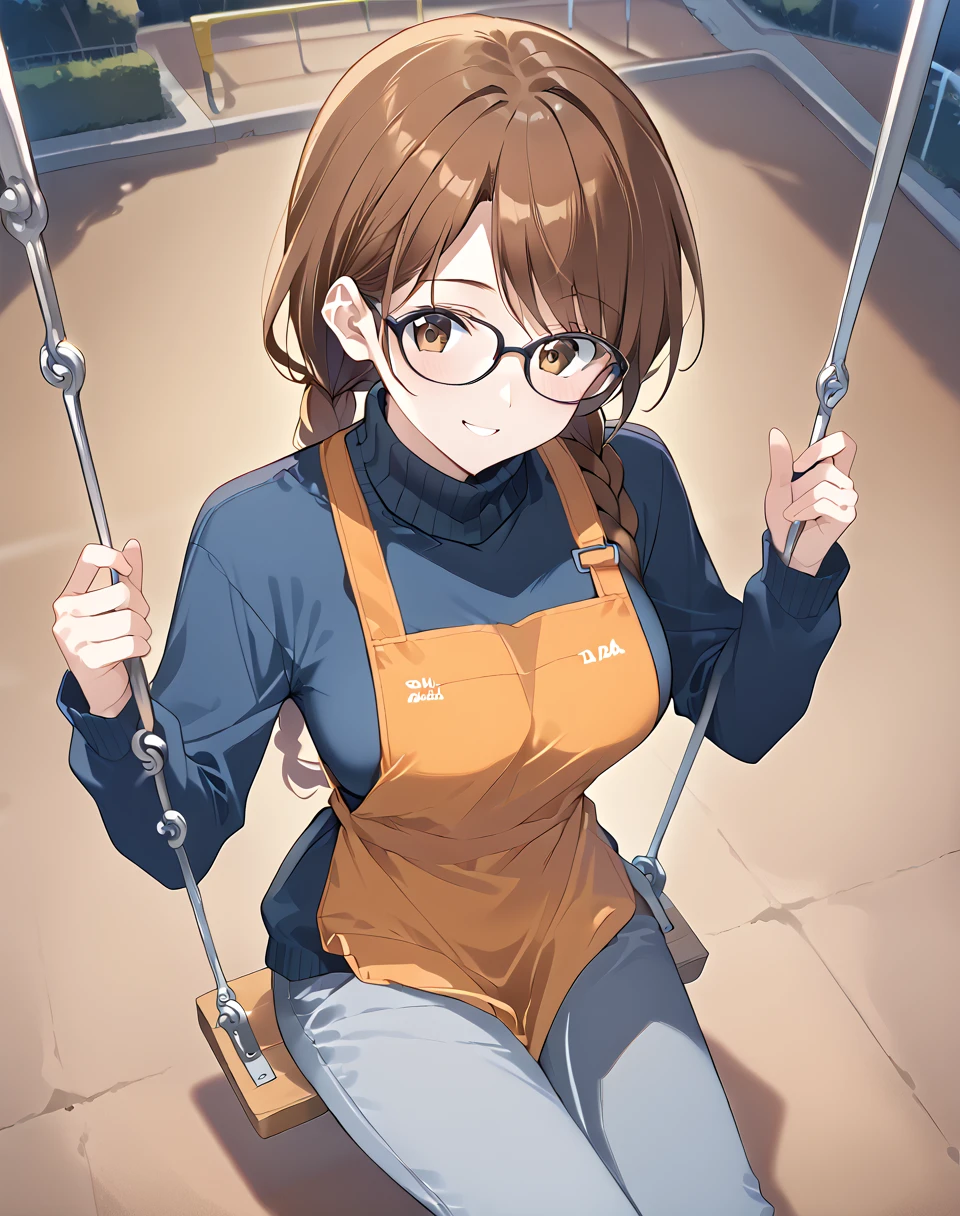 ogiso_setsuna, long hair, brown hair, brown eyes, orange apron, sweater, blue sweater,  breasts, long sleeves, turtleneck sweater, turtleneck,  grey pants, braided low twintails,official art glasses BREAK outdoors, playground , night, dim lighting, dark background BREAK swing, sitting, sit on swin, , from above, happy face, smile, looking at viewer BREAK score_9, score_8_up, score_7_up, source_anime ,zPDXL, <lora:swing_Pony_v1:0.8>,<lora:Ogiso_Setsuna:0.8> <lora:dark_v1.9-pony:1>