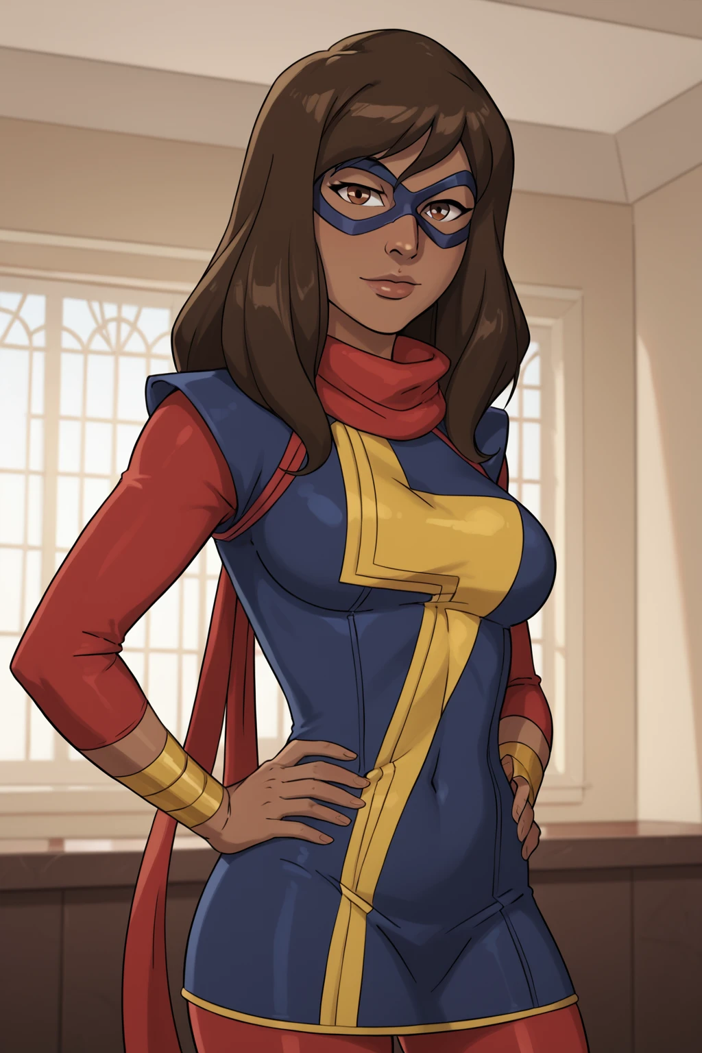 PonyXLV6_Scores BREAK (((parody, animification)), perfect anatomy, perfect eyes, (cowboy shot)), <lora:add_details_xl:0.8> BREAK <lora:Ms._Marvel_-_Marvel_Animation:0.8> kamala khan, brown hair, long hair, dark-skinned female, brown eyes, flirting, raised eyebrow, ((looking at viewer)), mask, domino mask, scarf, superhero, bodysuit, dress, red pantyhose, large breasts, curvy, toned, athletic, seductive pose, hands on hip, indoors