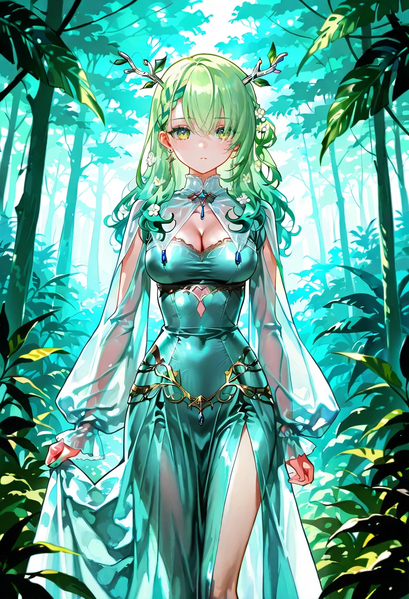 1girl,solo,looking at viewer,ikeda ruriko, var dress, see-through,ceres_fauna, flower, forest, leaf, jungle,