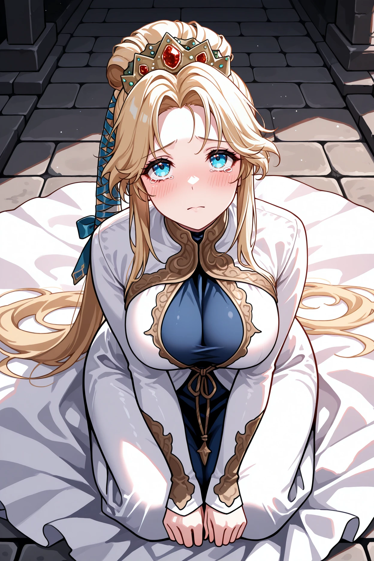 masterpiece, best quality, 1girl, solo, <lora:fenyna-illu-nvwls-v1-000007:1> nyna, high ponytail, blonde hair, hair ribbon, crown, white dress, long dress, long sleeves, large breasts, seiza, all fours, looking up, stone floor, medieval, sad, blush, tearing up