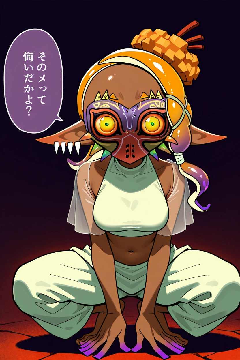 masterpiece, best quality, zzMajora,  teo (teorekka), frye (splatoon), majora (entity), nintendo, splatoon (series), splatoon 3, the legend of zelda, the legend of zelda: majora&#039;s mask, translation request, 1girl, asymmetrical hair, breasts, crop top, earrings, food, food on head, harem pants, inkling, long hair, long pointy ears, looking at viewer, medium breasts, navel, object on head, pants, pointy ears, see-through clothes, shawl, shirt, sleeveless, sleeveless shirt, solo, speech bubble, squatting, tempura, tentacle hair, tooth earrings   ,<lora:MajoraZeldaIXL_v2:1.0>,