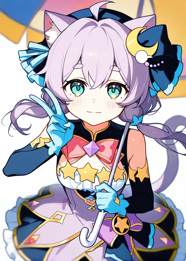 score_9, score_8_up, score_7_up, source_anime, wallpaper, BREAK,
(1girl:1.2), solo, <lora:PrismSaltIllustTest0.0.2 EA 4LR16EP:1>, salt\(maimai\), thick eyebrows, ahoge, hair between eyes, light smile,
cat ears, cat tail, animal ear fluff, green eyes, (grey purple hair:1.1), hair ornament, small breasts, star ribbon,star \(symbol\), star decorations,
crescent hair ornament, blue elbow gloves, frills, <lora:HandFixer_pdxl_Incrs_v1:0.6>,
looking at viewer,holding, umbrella, holding umbrella, v, straight-on, from above, cowboy shot,
white background, masterpiece, best quality, extremely detailed,
<lora:delicate:1>,