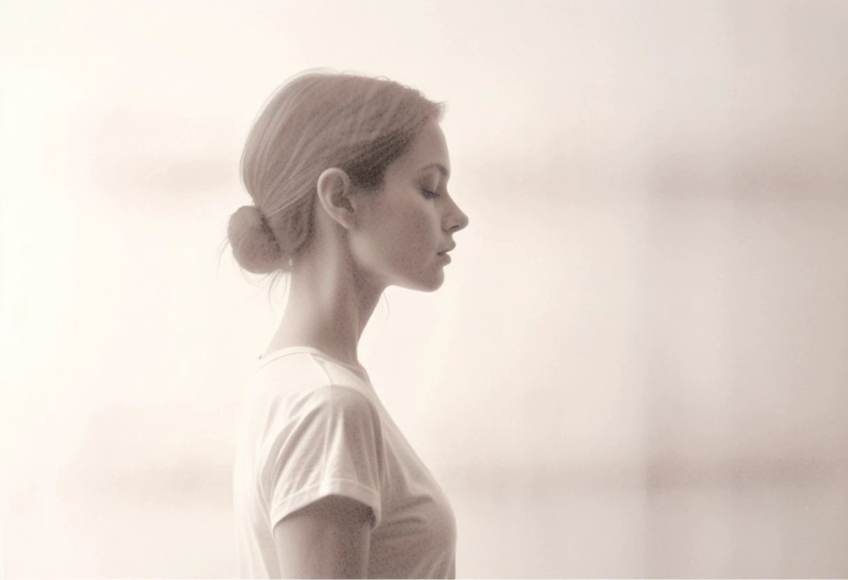 an aesthetic, minimalist depiction of a female profile in side view. she wears a t-shirt. The focus is on the soft contours and calm, monochromatic tones. The scene feels mystical and dreamy, almost as if viewed through a delicate mist, with gentle light accentuating the silhouette. The background is diffuse and creamy white, drawing attention to the elegant simplicity of the figure.