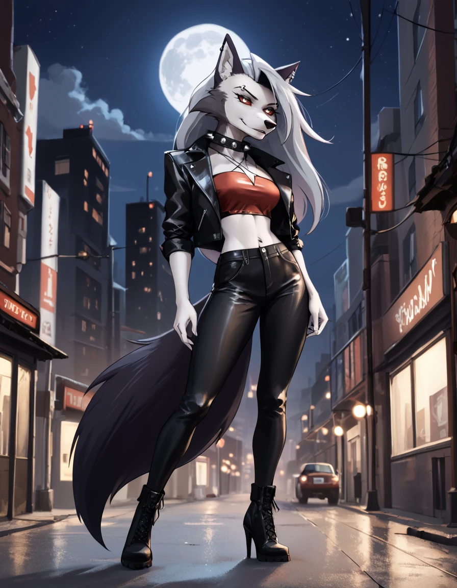 score_9,score_8_up,score_7_up,
outdoors,city,night, night sky, full moon, 
full body,seductive smile,parted lips,long eyelashes,pose,standing,
leather pants,tube top, leather jacket, 
<lora:add-detail-xl:1>,
<lora:L00na_v03_PDXL:1>,L00na,1girl,solo,furry female,wolf girl,red eyes,colored sclera,red sclera,grey hair,long hair,bangs,wolf ears,wolf tail,body fur,grey fur,two-tone fur,white fur,spiked collar,snout,animal nose,eyebrow piercing,ear piercing,