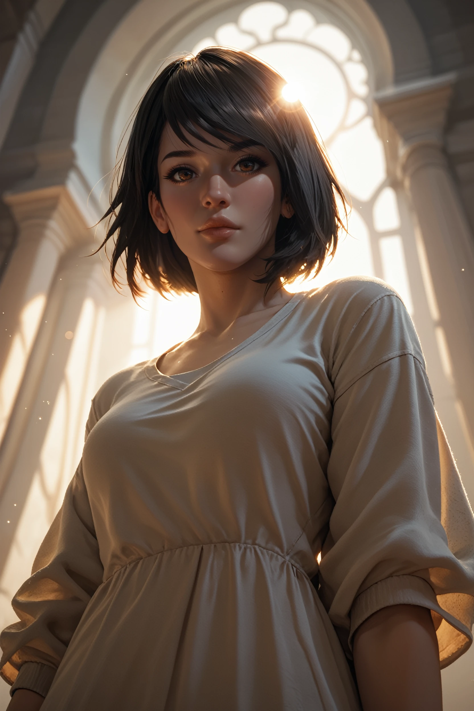 score_9, score_8_up, score_7_up, score_6_up
<lora:TRSam:0.8>
TRSam, 1girl, black hair, brown eyes, looking at viewer, from below, rim lighting, backlighting, lens flare