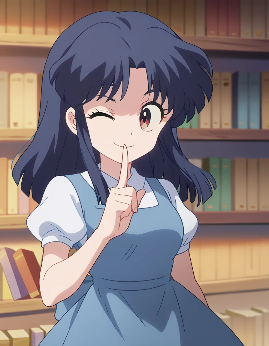 score_9, score_8_up, score_7_up, source_anime, <lora:akane-tendou-s1-ponyxl-lora-nochekaiser:1>, akane tendou, long hair, black hair, brown eyes, blue hair, sidelocks, medium breasts, anime screencap,, school uniform, pinafore dress, short sleeves, collared shirt, puffy sleeves, blue dress,, shore, rocks, sand, waves, water, smile, <lora:bookshelf-pov-ponyxl-lora-nochekaiser:1> bookshelf pov, bookshelf, book, too many books, one eye closed, <lora:shushing-ponyxl-lora-nochekaiser:1>, shushing, finger to mouth, index finger raised,, looking at viewer, solo,, dutch angle, cowboy shot