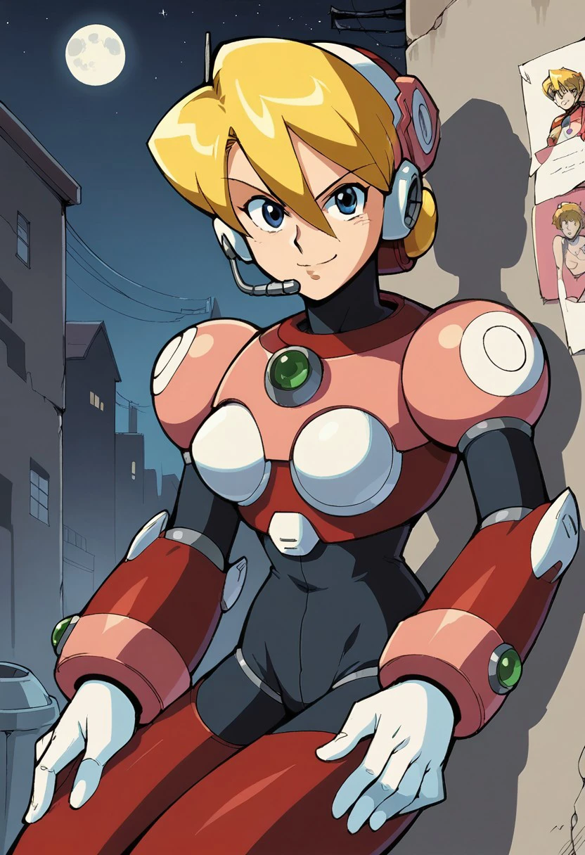 score_9, score_8_up, score_7_up, score_6_up, score_5_up, source_anime, anime_coloring, anime_screencap, retro_artstyle,
AliaMMX, android, 1girl, blonde hair, bangs, hair between eyes, blue eyes, robot ears, breasts, MMX5, headset, short hair, hair bun, red armor, red boots, white gloves, black bodysuit
upper body, close-up, face focus, looking at viewer standing, leaning, leaning against the wall, smirk, naughty fac, hand inside pockets, mean look, rebel, dark alley, garbage, paper, trash cans, graffiti, torn posters, detailed background, night sky, stars, black sky, moon, moonlight, moon's ray, dim lights, cityscape