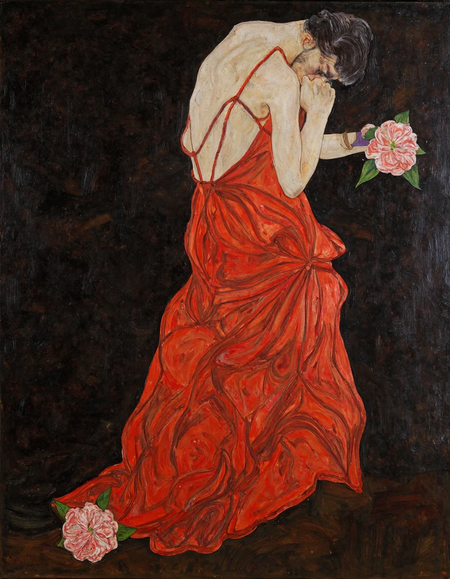 (egonschiele style painting) beautiful woman wearing red slip dress, flowers "forget to smell the roses"