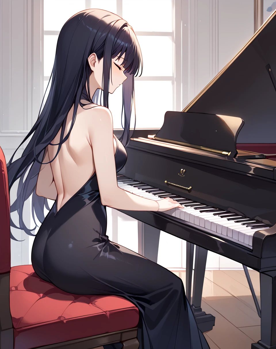 touma_kazusa, long hair, black hair, closed eyes, black dress, backless dress BREAK indoor,  grand piano, sitting, from behind, from side, playing instrument, neutral face BREAK score_9, score_8_up, score_7_up, source_anime ,zPDXL,<lora:Kazusa_Touma:0.8> <lora:grandpiano-concept-richy-v1_pdxl:0.8>