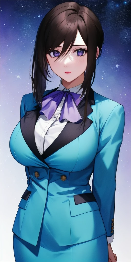 <lora:LinnaYamazakiV2:0.7> linna_yamazaki, huge_breasts, standing, solo, starry_sky, arms_behind_back, white_collared_shirt_purple_ascot_aqua_pencil_skirt_aqua_blazer, masterpiece, best_quality, detailed_face, detailed_eyes, highres, beautiful, detailed, absurdres,