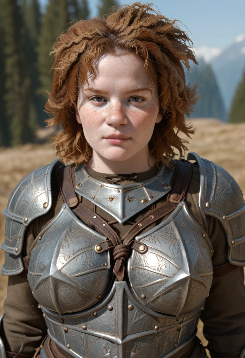 score_9, score_8_up, score_7_up A giantess , Skaði , freckles shes wearing armour looking at viewer focused