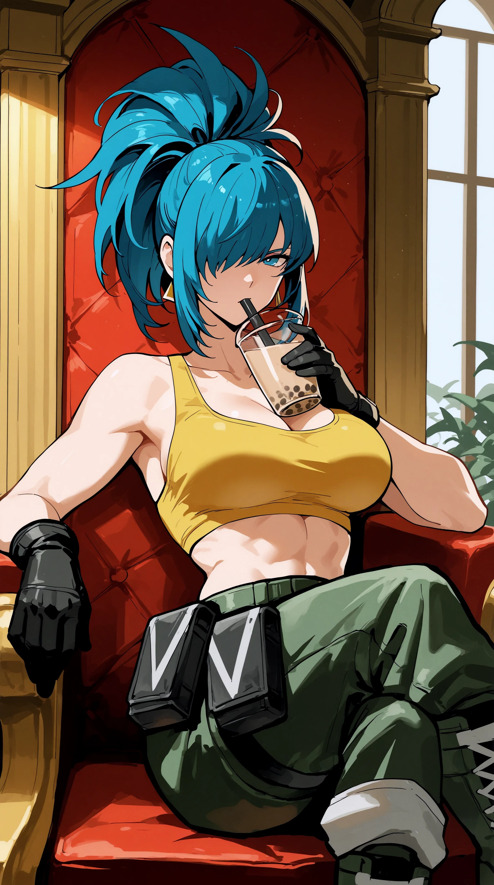 masterpiece, best quality, indoors, cinematic lighting, amazing quality, very aesthetic, absurdres, best quality, newest, year 2023,   Leona Heidern, Alternative Costume, solo, hair over one eye, pouch, ammunition pouch, outdoors, drinking, bubble tea, sitting, throne, crossed legs,  <lora:JN_Leona_Heidern_Illus:0.8>