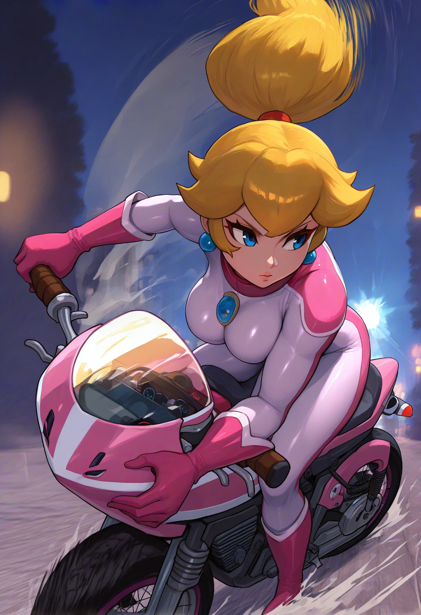 masterpiece, best quality, newest, absurdres, highres, IncrsPchBiker, long hair, ponytail, biker clothes, bikesuit, pink bodysuit, pink gloves, skin tight, crown, jewelry, earrings,  <lora:PrincessPeach_NoobAI_Incrs_v1-000012:1>, outdoors, motorcycle, motor vehicle, ground vehicle, on vehicle, street, night, driving, sitting, motion lines, motion blur, drifting, foreshortening, floating hair, looking to the side, expressionless,