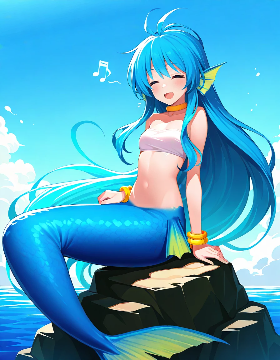 <lora:Pserilly_SDXL_Illustrious01_fp16_ver01:1>,Pserilly,1girl,solo, blue hair, blue eyes, very long hair, head fins,bracelet,choker,bandeau,mermaid,sea,on rock,closed eyes,open mouth,musical note,<lora:HairintakesEraser_v01_illustrious_50steps:2>, masterpiece, best quality, very aesthetic, absurdres,<lora:detailed_hands:1>,hand