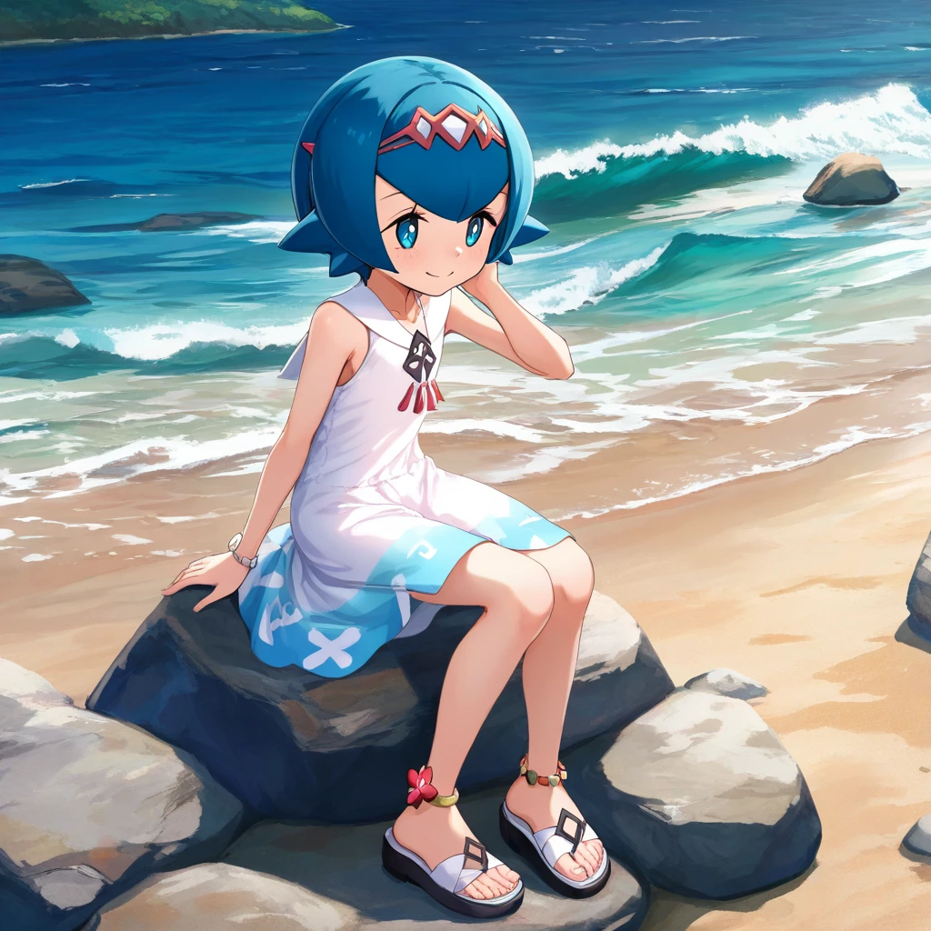 (hinosaki, miazi:0.4), (kutabireta_neko, kesoshirou, leveen:0.6), (s_zenith_lee:0.5), (1girl), solo, sitting, on rock, sea, feet_in_water, smile,
lana_\(pokemon\), short_hair, blue_hair, hairband, sleeveless_dress, white_dress, bracelet, jewelry, necklace, anklets, sandals, toes, official_alternate_costume, , masterpiece,amazing quality, very aesthetic, high resolution ,ultra-detailed, absurdres, newest