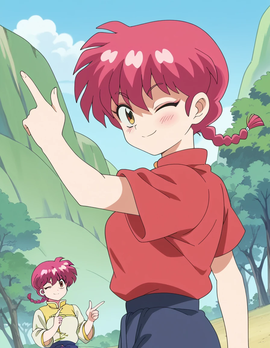 score_9, score_8_up, score_7_up, source_anime, <lora:ranma-saotome-s1-ponyxl-lora-nochekaiser:1>, ranma saotome, braid, red hair, single braid, braided ponytail, red eyes, medium breasts, anime screencap,, pants, chinese clothes, tangzhuang,, nature, trees, animals, landscape, open, , <lora:double-finger-gun-ponyxl-lora-nochekaiser:1>, double finger gun,, blush, smile, one eye closed, from side, looking at viewer, solo,, dutch angle, cowboy shot