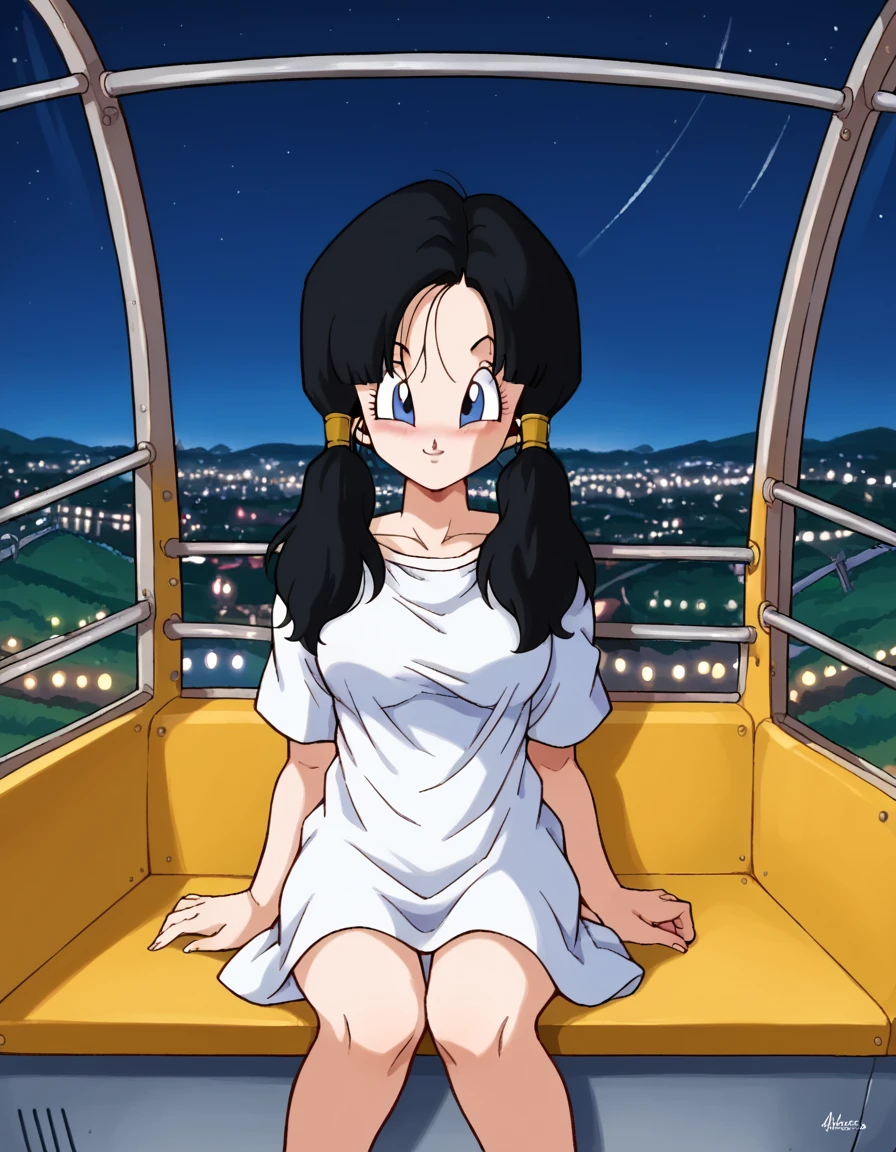 score_9, score_8_up, score_7_up, source_anime, <lora:dbz-videl-anime-ponyxl-lora-nochekaiser:1>, videl, black hair, blue eyes, eyelashes, parted bangs, twintails, medium breasts,, <lora:ferris-wheel-interior-ponyxl-lora-nochekaiser:1>, ferris wheel interior, ferris wheel, gondola, cityscape, amusement park, city lights, night, fireworks, aeriel firworks, night sky, city, skyline, sky,, sitting, smile, blush, looking at viewer,,