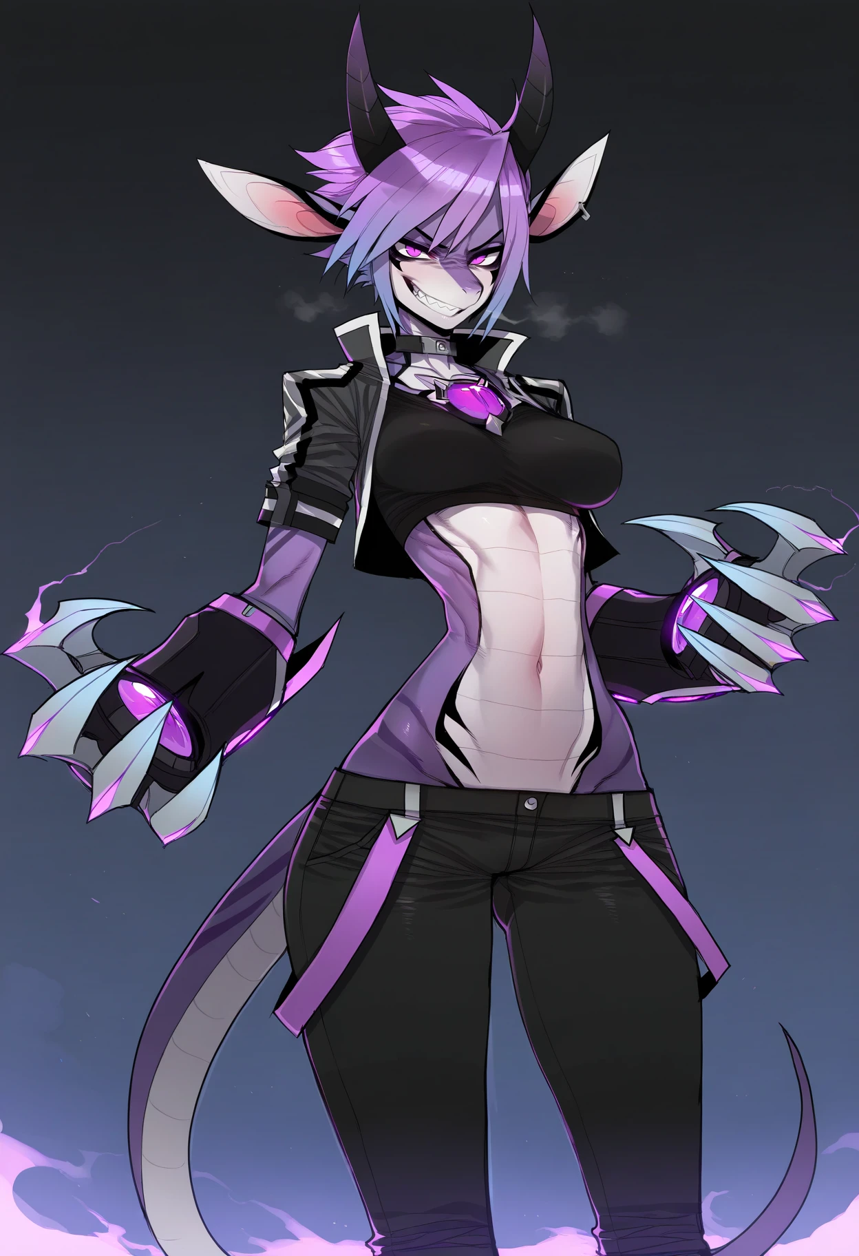 masterpiece, best quality, amazing quality, very aesthetic, absurdres, ratatatat74,  1girl, solo, drakopa, furry female, purple eyes, short hair, standing,  looking at viewer, face focus, cropped jacket, smirk, grin, chest jewel, claws, dynamic pose, skinny, narrow waist, medium breasts, sexy   <lora:drakopalustra:1>