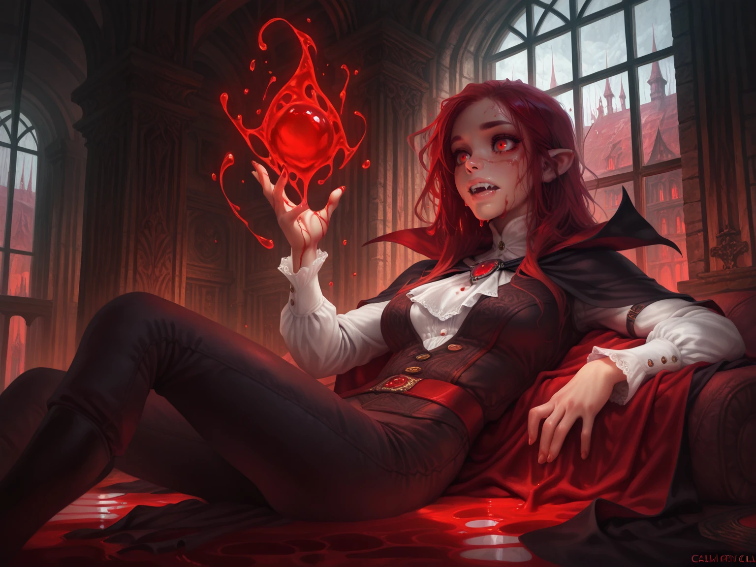 1girl, vampire, cape, reclining in blood pool, red eyes, blood, red hair, long hair, hand up, solo, magic, indoors,
, <lora:Calm:0.8>, calm style, western art, masterpiece, best quality, amazing quality