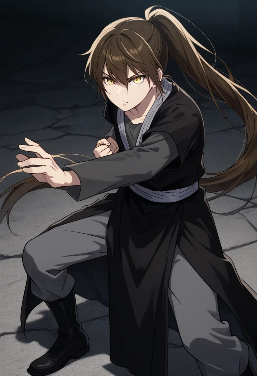 masterpiece, best quality, 
baamtg, 1boy, male focus, solo, yellow eyes, brown hair, very long hair, hair between eyes, ponytail, shirt, grey shirt, long sleeves, robe, black robe, short over long sleeves, sash, pants, grey pants, boots, black footwear, serious, fight stance
outdoor