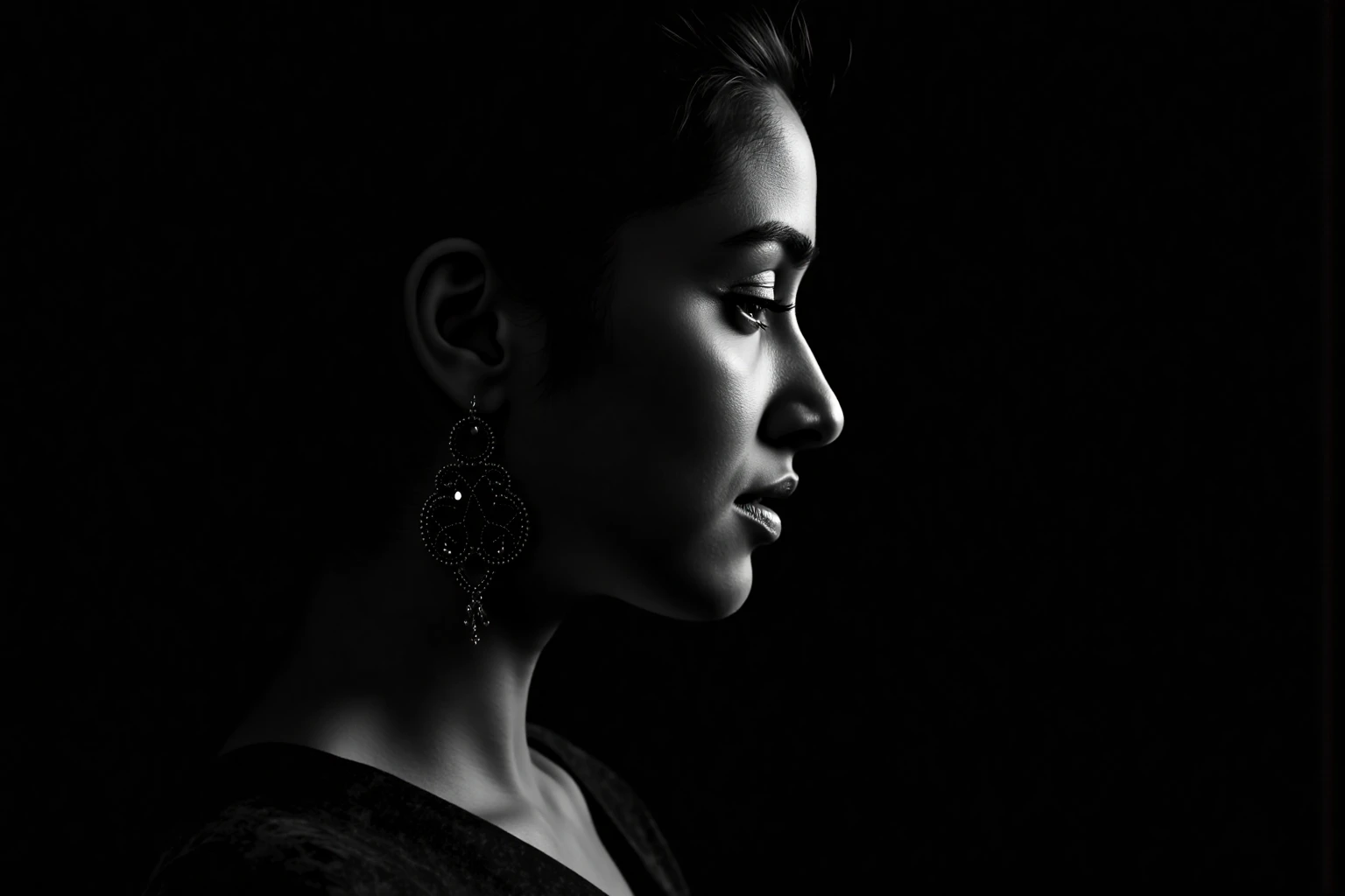 Close-up grayscale portrait of shraddhakaukohwx.    Her face is subtly detailed, showcasing delicate features—a firm jawline and gentle nose, and emotional depth reflected in her lowered gaze.  She wears dangling earrings, a decorative design of interlocking patterns, suggestive of a cultural or artistic style.  The composition places her face in profile view, angled slightly toward the viewer, emphasizing the interplay of light and shadow on her countenance.  The environment is entirely dark, with strong light on her face , a stark black background that deeply contrasts with the subject, drawing all attention to her facial expressions and emotional state.   The lighting is dramatic, coming from an unseen source, casting strong shadows and highlighting different parts of her face, giving a sense of depth and dimension.   The mood is quiet and contemplative, imbued with a sense of introspection and melancholy.  The style is a simple, evocative portrait capturing intimate emotion .  The focus is precisely on the woman's face and the expressions, creating a powerful psychological impact.  The image employs a direct and personal approach to portraiture.
