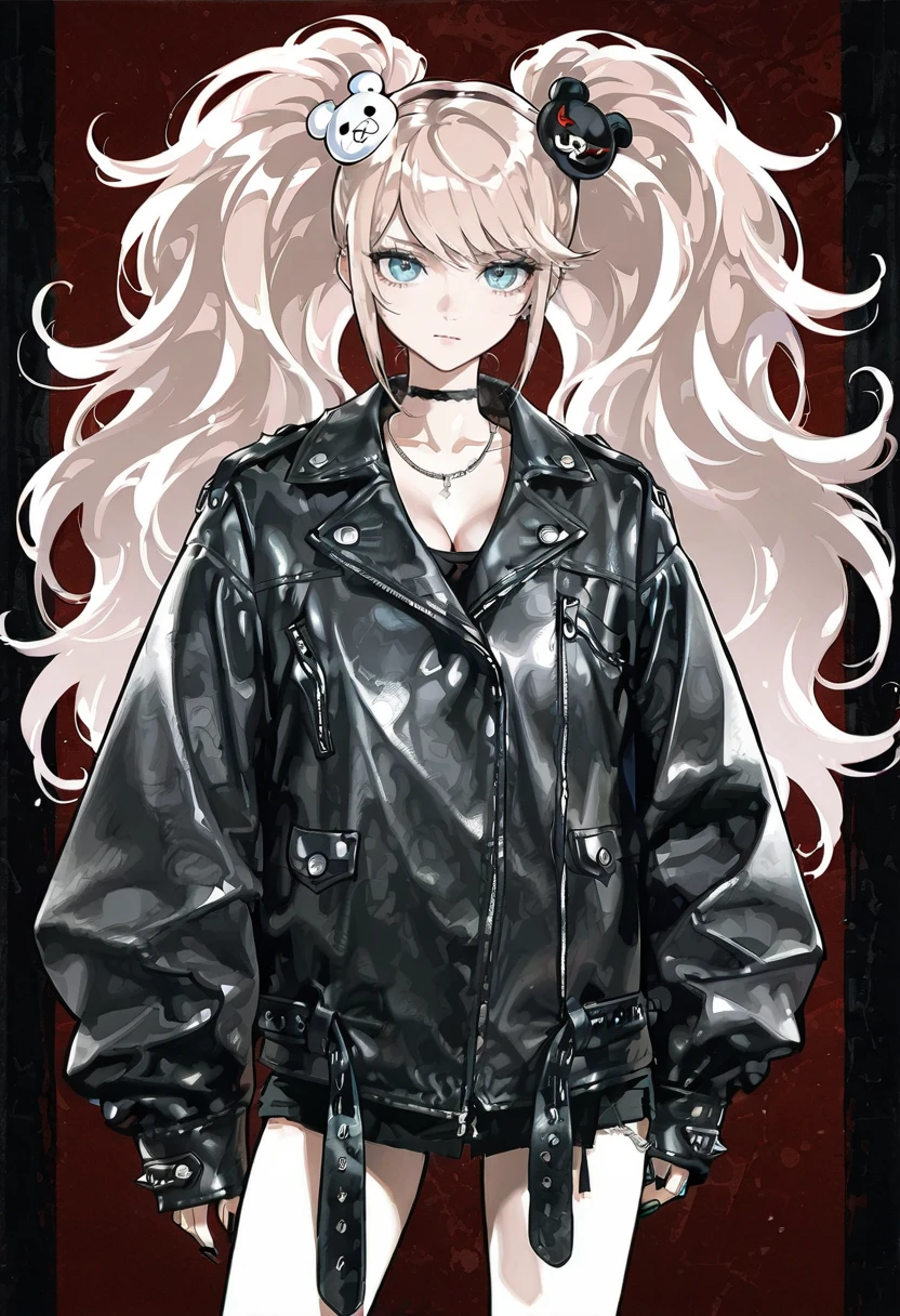 1girl,solo,looking at viewer,ikeda ruriko,oversized leather jacket, enoshima_junko