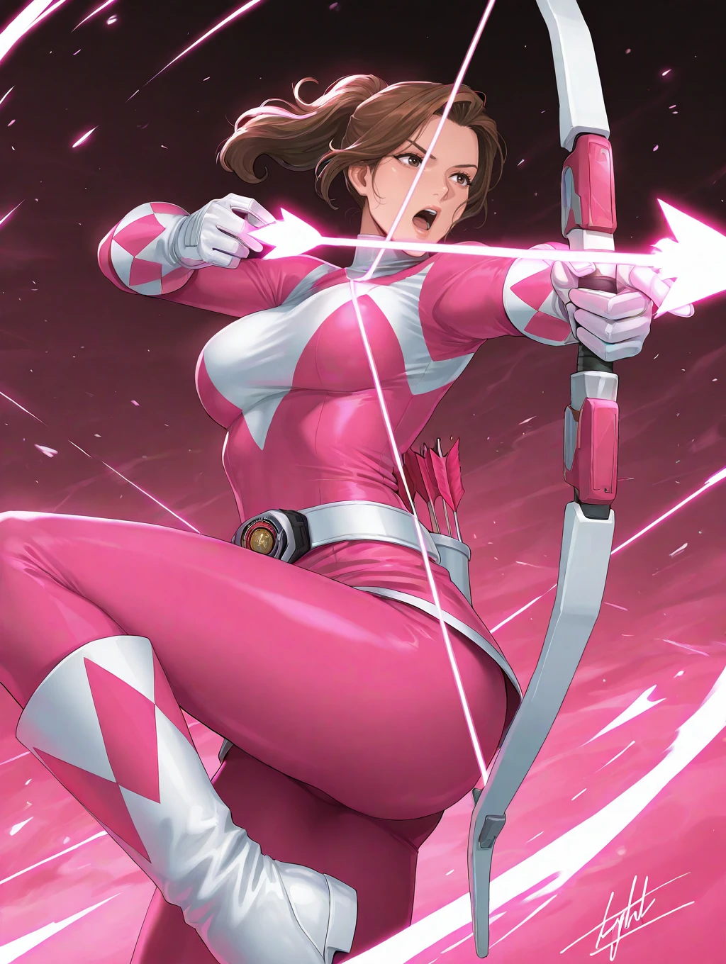 1girl,solo,aiming,medium breasts,open mouth,science fiction,signature,lips,pink power ranger,belt,white gloves,white boots,pink bodysuit,ponytail,holding bow \(weapon\),bow \(weapon\),arrow \(projectile\),
masterpiece,best quality,amazing quality,very aesthetic,absurdres,newest,<lora:Pink Ranger illuXL v1.1:0.62>,